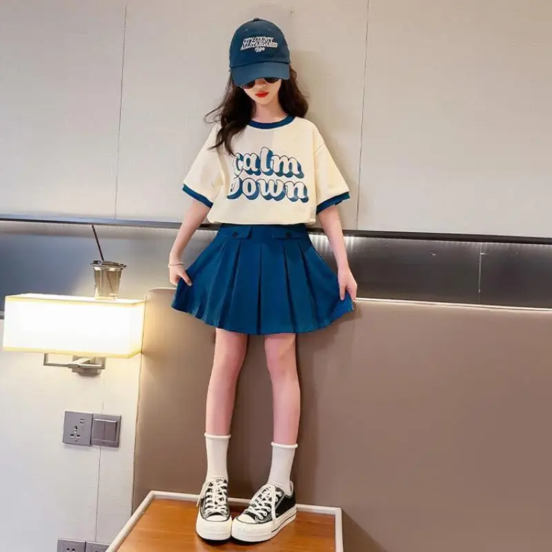 

2024 NEW summer Teenager Girls Cloth short sleeve letters striped T Shirt + cargo skirt dress children set 6 7 8 9 10 11 12 year