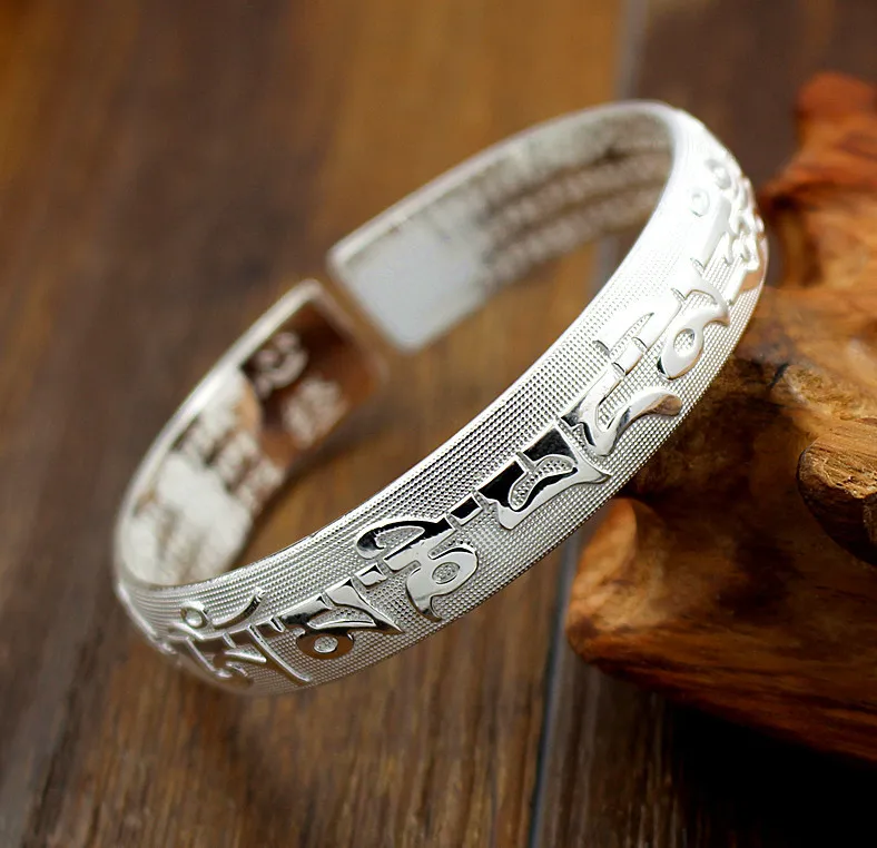silver vintage bracelet Bangles Tibetan Buddhism Six Word Mantra Bracelets For Women Open Bangle Lady Jewelry Gifts