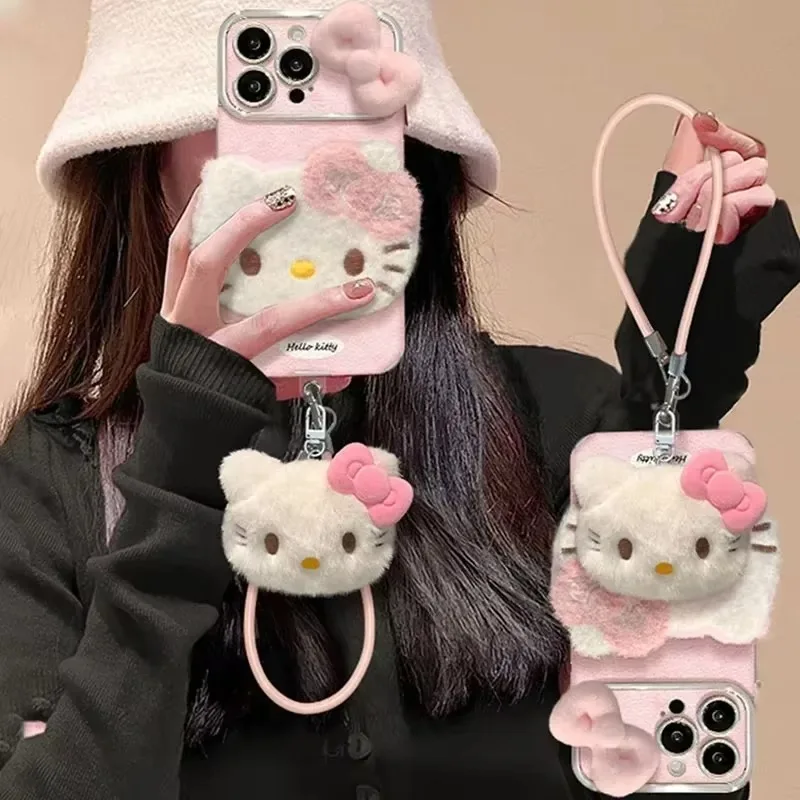 Hello Kitty New Plush Bowknot Phone Case Suitable for IPhone 16 15 14 13 12 Pro Max Cute Doll Hand Rope Wrapped Anti Fall Shell