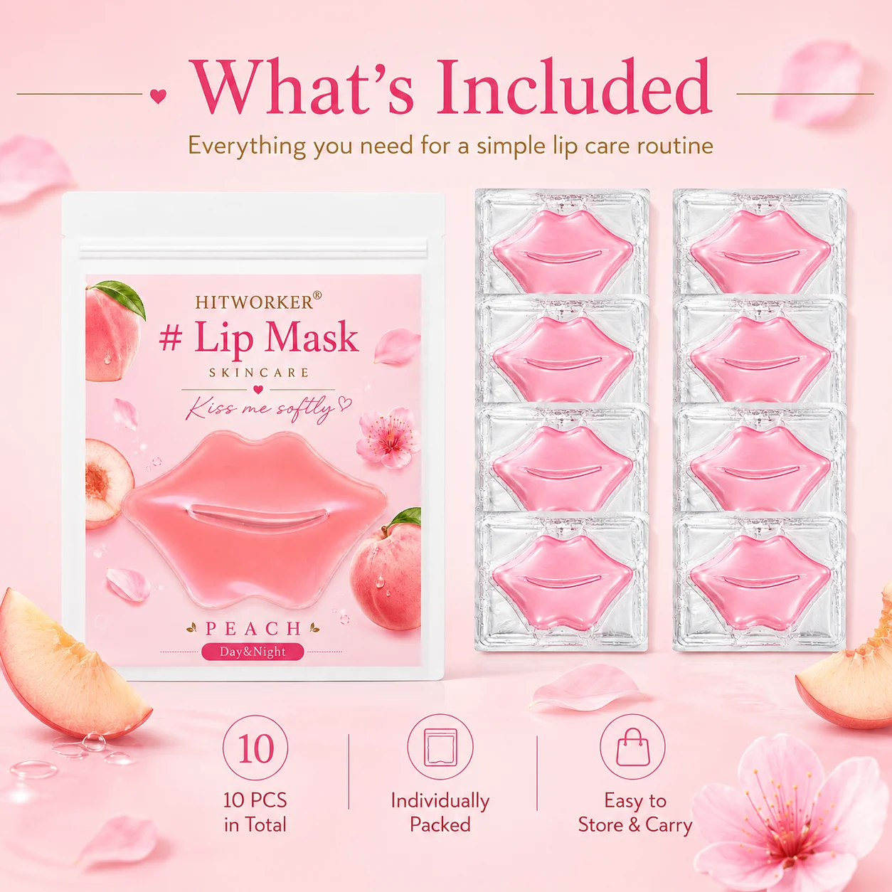 10Pcs Peach Lip Skincare Masks, Soft-Touch Lip Care Patches for Daily Beauty Routine, Day & Evening Self-Care and Travel