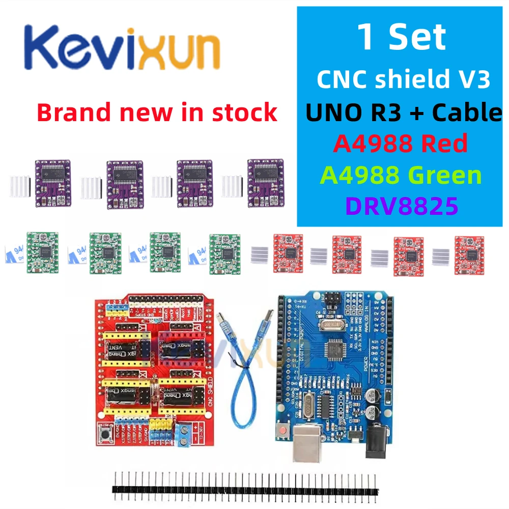Máquina de grabado CNC Shield V3, impresora 3D + 4 piezas DRV8825 o A4988, controlador, placa de expansión para Arduino + UNO R3 con Cable USB