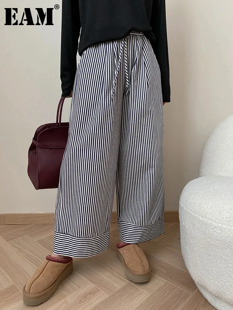

[EAM] High Elastic Waist Dark Blue Striped Pocket Long Wide Leg Pants New Trousers Women Fashion Tide Spring Autumn 2024 1DH7358
