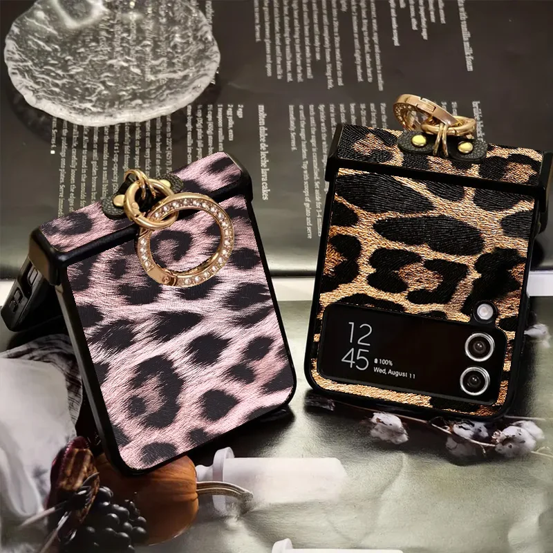Luxuriöse Leopardenmuster PU-Leder Handyhülle für Samsung Galaxy Z Flip 8 7 6 5 4 3 5G Flip 7 Fe mit Diamantbeschichtetem Ringverschluss