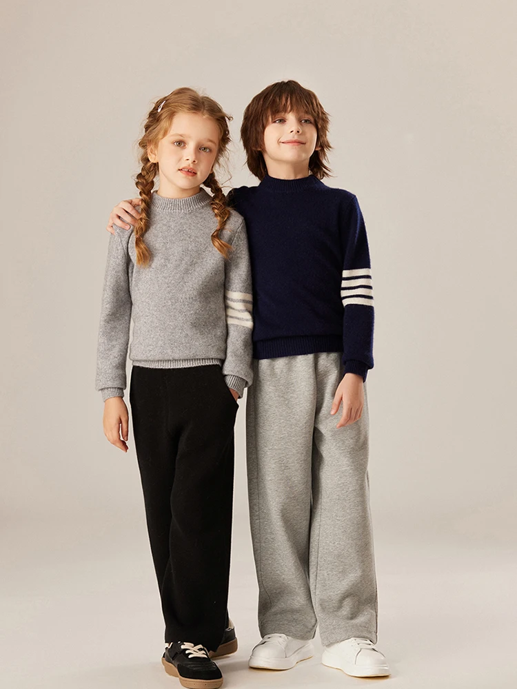 

100% Cashmere Sweater Children's Mock Neck Striped Contrasting Sleeve Pullover Boy Girl Autumn Winter Kids Thicken Knitwear Tops