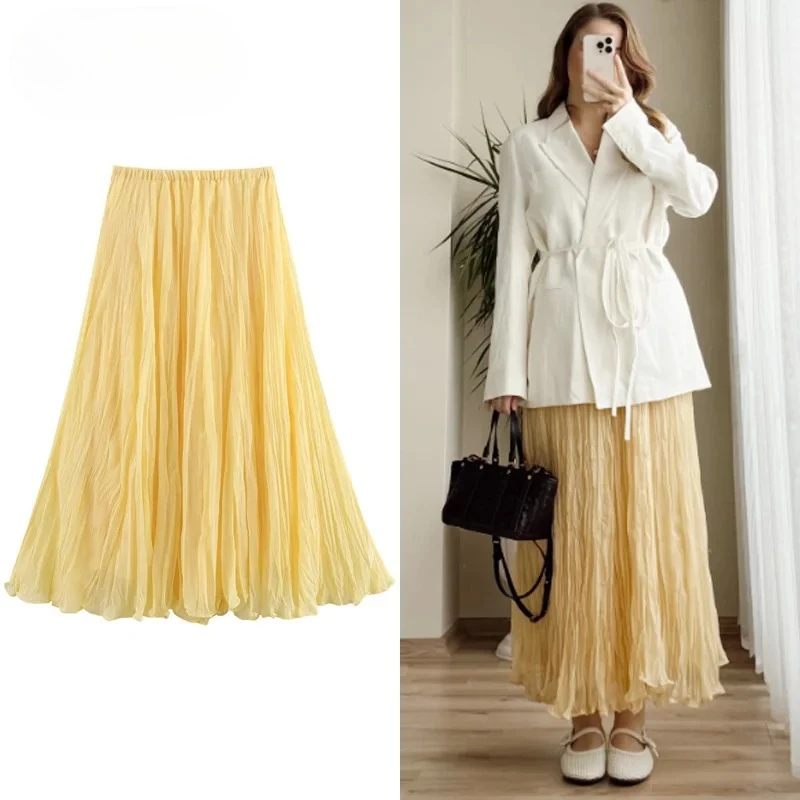

Women's Skirt Yellow Pleated Skirt Summer Midi Ruffle High Waist Long Skirts For Women Elegant Casual Vacation Skirts