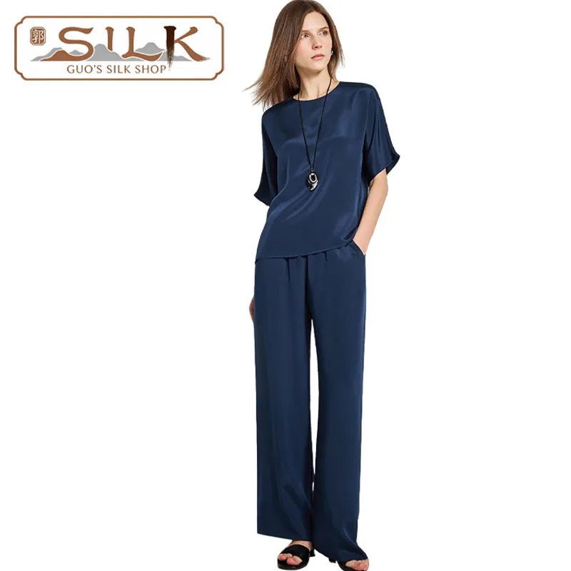 

Natural Silk Women's Suit Short-Sleeved T-shirt and Long Pants Set Simple and Elegant Casual Luxury Clothing Loose Comfortable