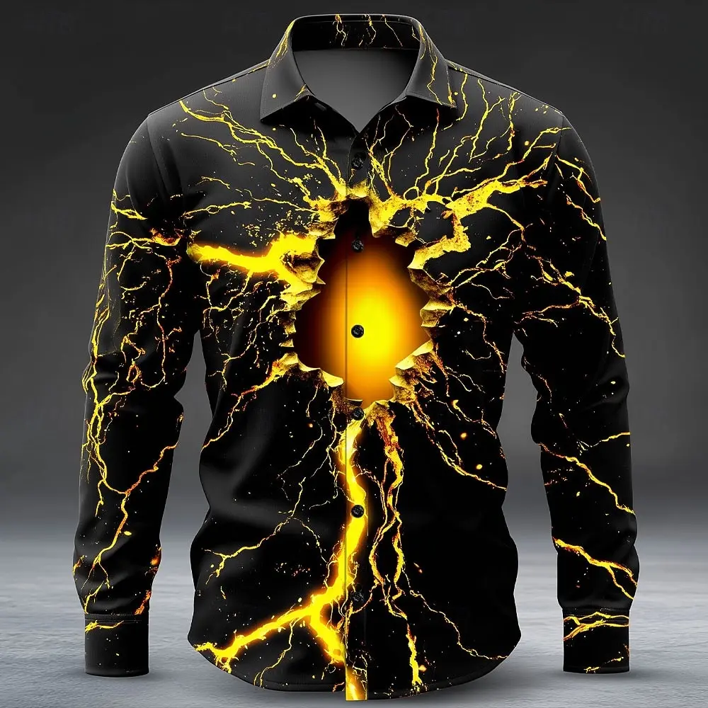 Halloween Costumes Men's Optical Illusion Lightning Shirts Button Up Shirts Long Sleeve Casual Outdoor 3D Print Collared Shirt