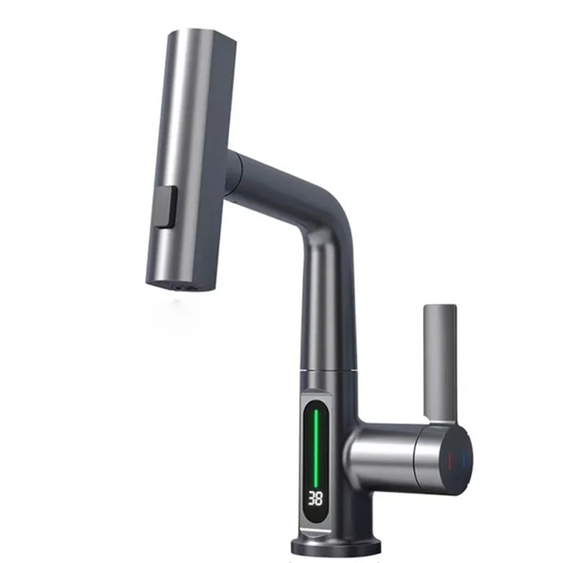 

A24F-Waterfall Смеситель для раковины Выдвижной смеситель для кухни и ванной комнаты Температура осадков Цифровой дисплей Без батареи