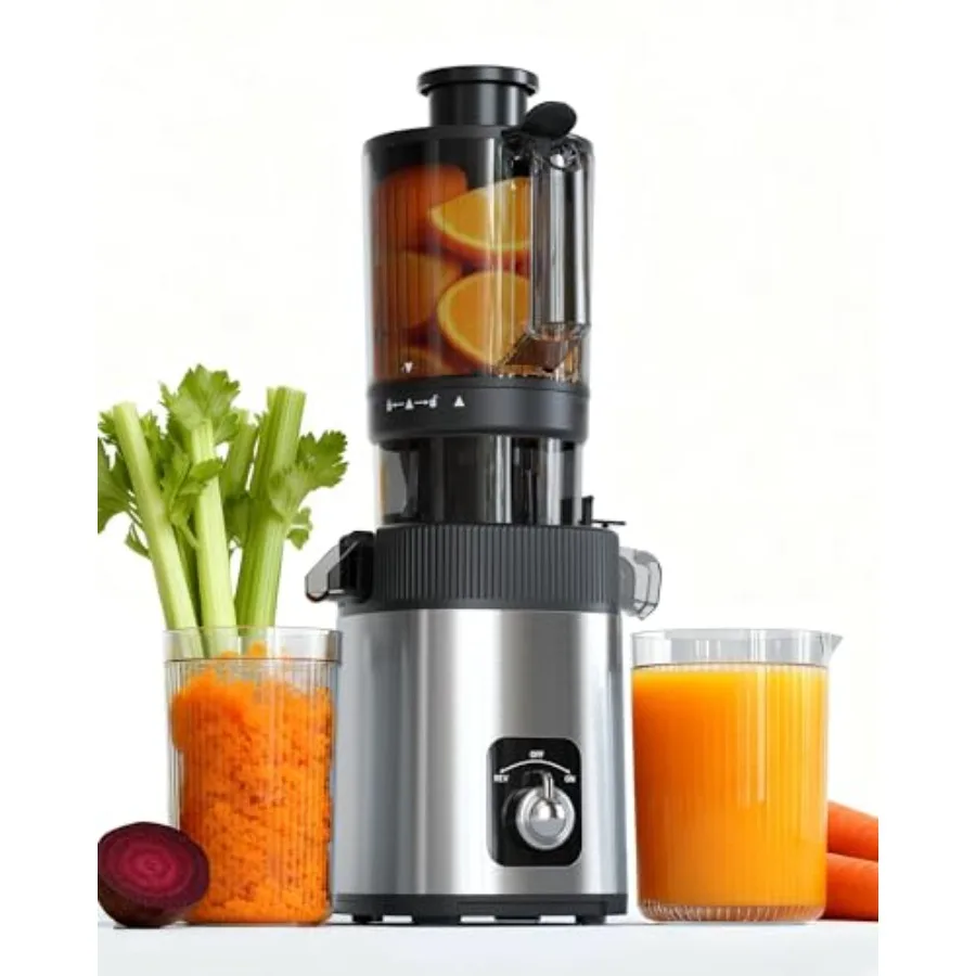 

Cold Press Juicer for home use, stainless steel, silver, 4.35 wide feed chute fits whole fruits vegetables, high juice yield, e