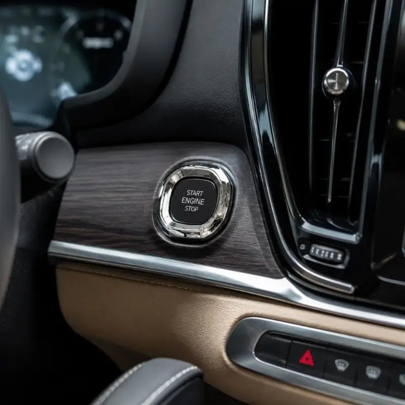 Vehicle Start Button Knob Cover for Concealing Visible Wear, with Glass Construction, Dark Reflective Trim, and Guided Fit X37F