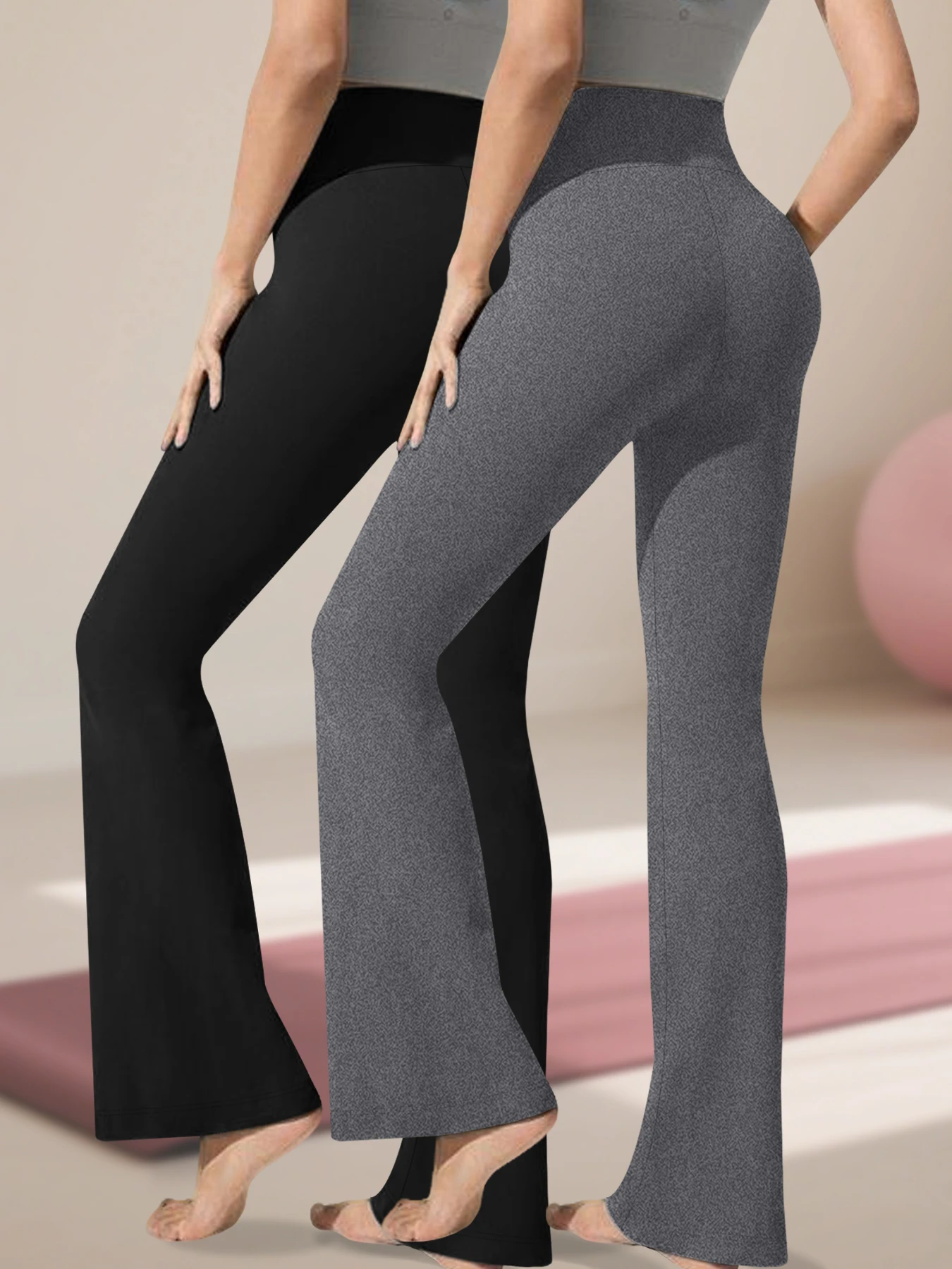 2 pack Ladies high-rise flared yoga trousers with leg bottom. Perfect for yoga or casual.