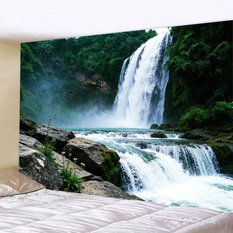 VIKAMA Travel Poster Tapestry - Lush Greenery Waterfall with Big Stones