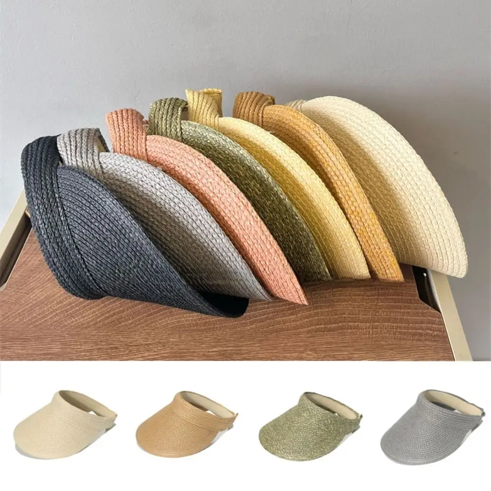 Sombrero de verano anti-UV de moda, visera de rafia con parte superior vacía, estilo diadema, ala ancha y grande, para senderismo al aire libre