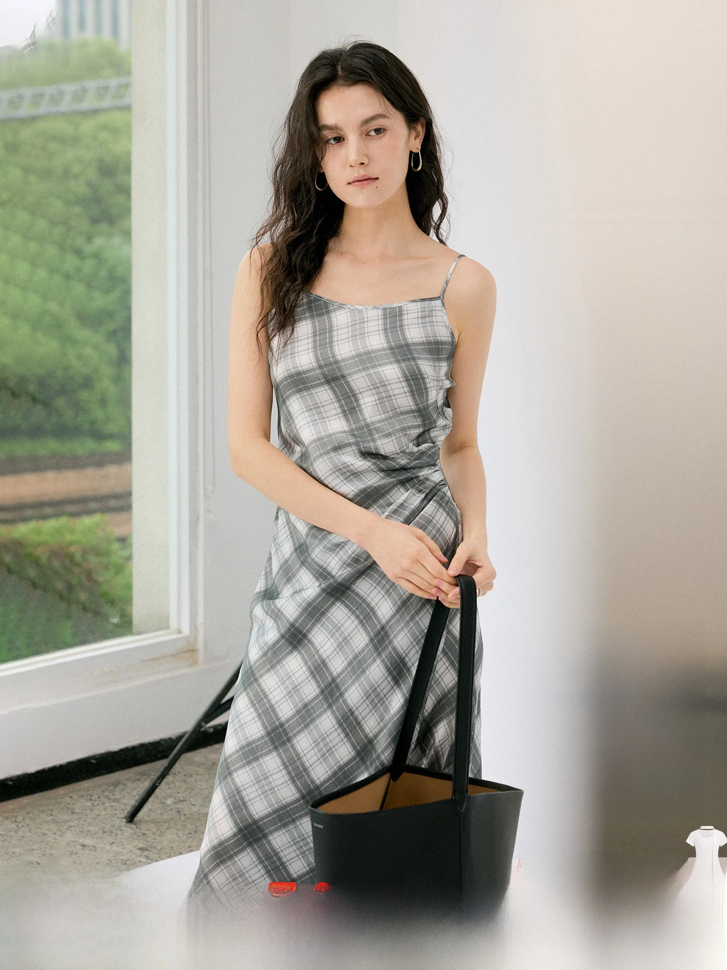 

HeyDress Summer Plaid Acetate Strap Dress Women's Waist Cinching Slimming Gored Design Skirt Elegant High Waist Midi Dress