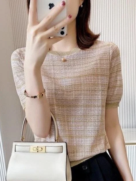 

Женская вязаная футболка в полоску весна-лето Ne Ice Silk ort Sve, удобный дышащий повседневный топ Faion