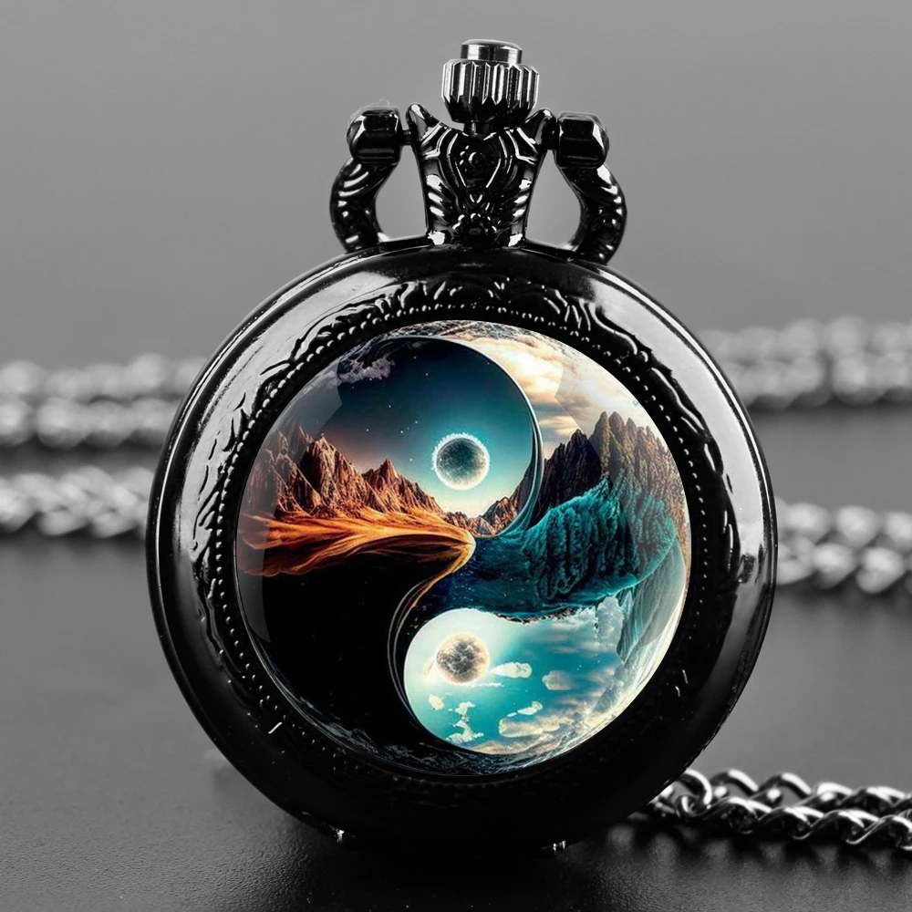 Black Yin e Yang Mountain Quartz Necklace Relógio de bolso, pingente de corrente Steampunk, relógio vintage para mulheres, homens, presentes infantis