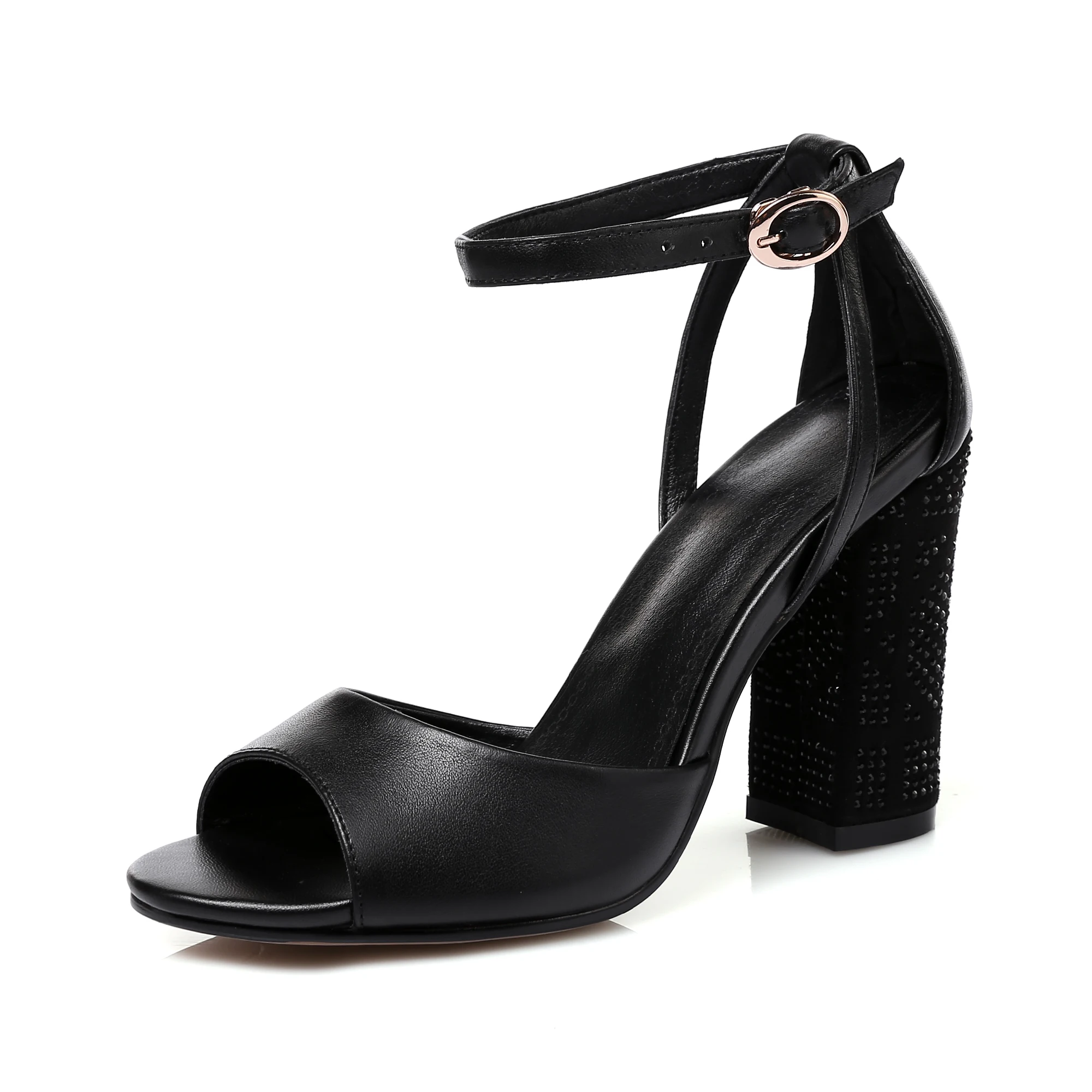 

Genuine Leather Peep Toe Heels Women Chunky Heel Crystal Jeweled Sandals Elegant Evening Shoes