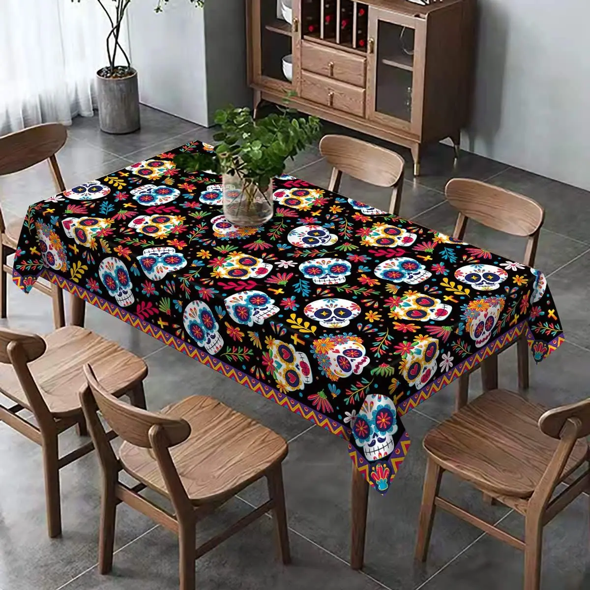 Mexikanische Dia DE Los Muertos Tischdecken, mexikanische Festivaldekoration, Tag der Toten, Zuckerschädel, Tischdecke, Küche, Esstischdekoration