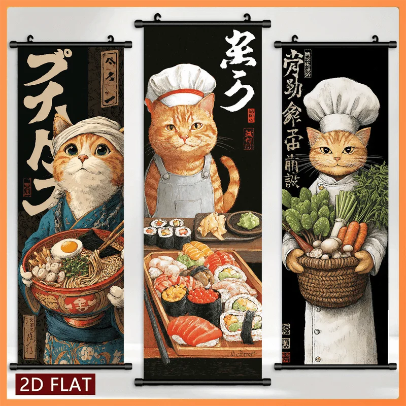 Japanese Chef Cat Scroll Tapestry, Cute Kitten Chef Sushi Ramen Ukiyo-e-Style Poster Vertical Wall Hanging, Kitchen Home Decor