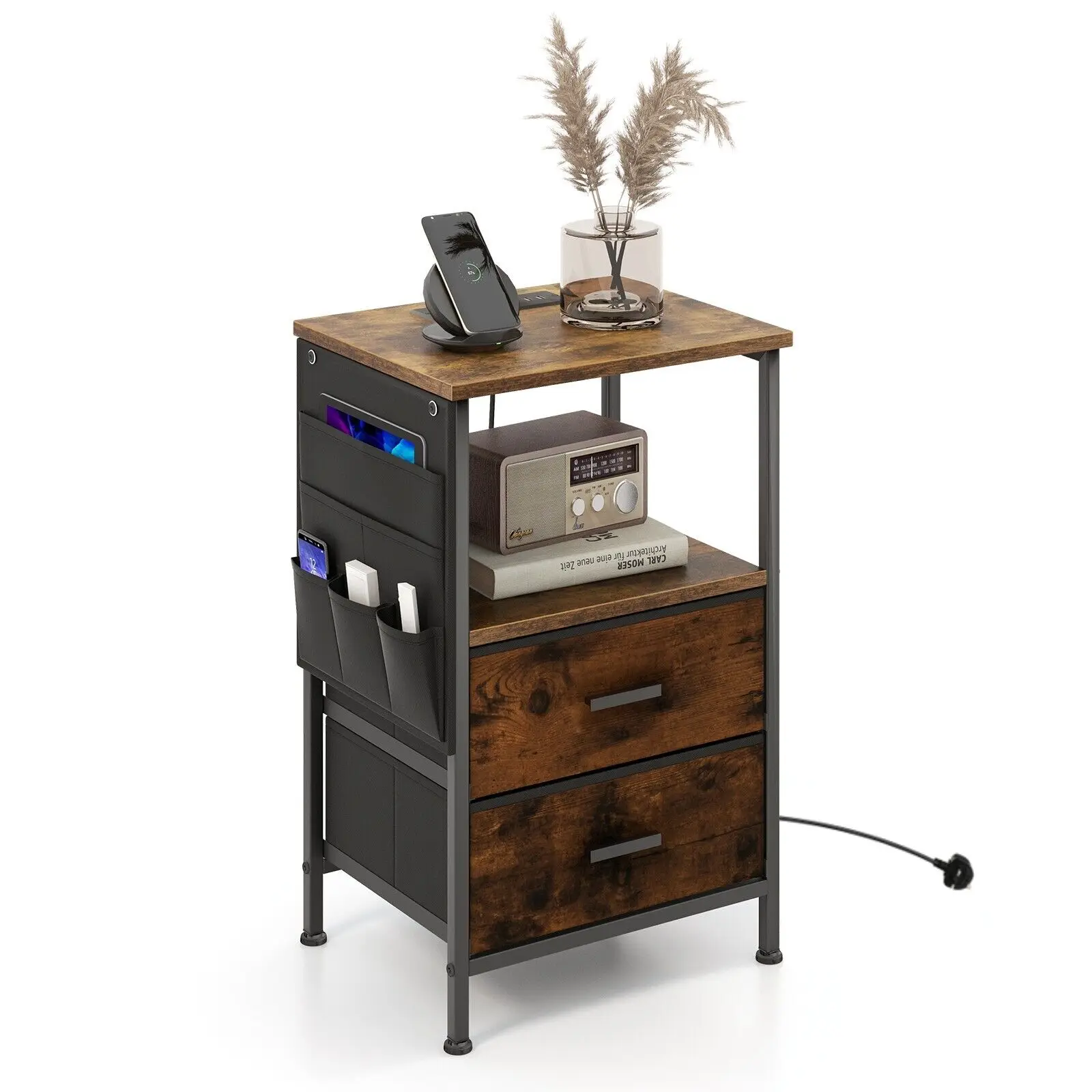 GOFLAME End Table Nightstand with Charging Station Industrial Bedside Table W/ 2 Drawers