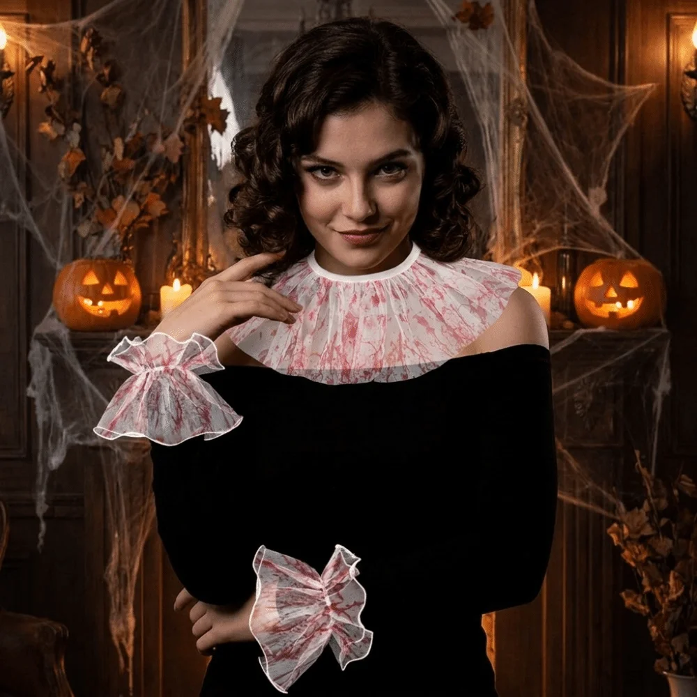 Elastic Lace Blood Colored Dress Up Set Pleated Ruffles Detachable Halloween Fake Sleeves Sensory Stimulation Halloween Cosplay