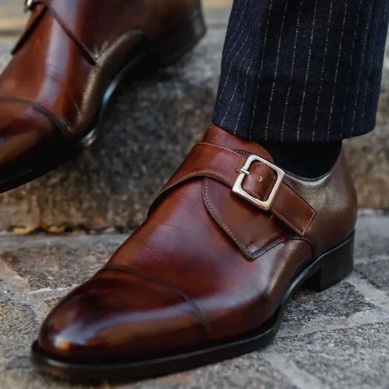 Single Monk Strap Loafers for Men Buckle Business Men Dress Shoes Brown Breathable Zapato De Vestir Para Hombre