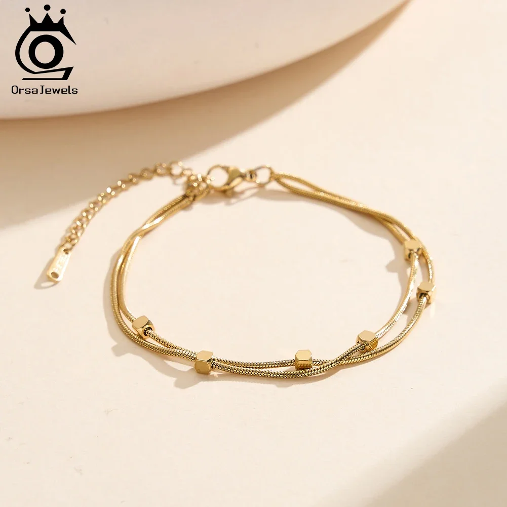 

ORSA JEWELS Stainless Steel Layered Beaded Bracelet for Women Satellite Chain Bracelet Birthday Fashion Party Jewelry STCB08