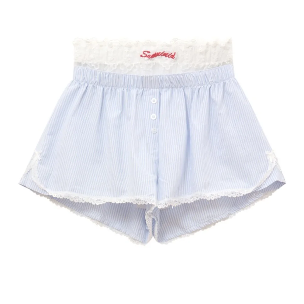 All Match Loose Lace Plaid Shorts Stripe Sweet High Waist Shorts Lolita Mesh Flower Wide Leg Short Pants Students