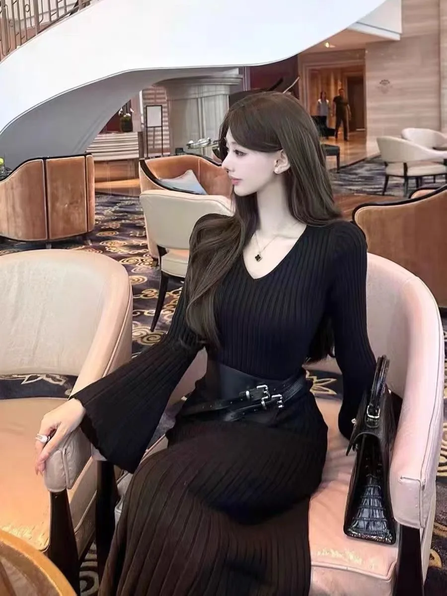 

Для похудения V-Ne трикотажное платье женское Bell Sve с поясом на талии длинный базовый слой Dr ретро-дизайн Ciwalk X-ape Bodycon Dr