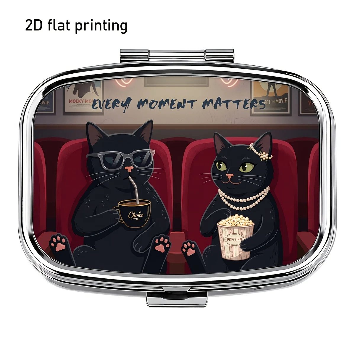 1 Piece, Flat Print, Retro Movie Black Cat Pattern Square Metal Portable Pill Box, Double Compartment Organizer for Small Items, Suitable for Storing Pills, Vitamins, Earrings, Rings, Etc., Pocket-Sized, Travel Bag Organizer