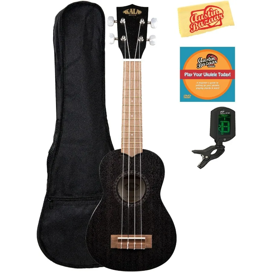 

KA15SBLK Satin Mahogany Soprano Ukulele in Black Bundle with Gig Bag Tuner Austin Bazaar Instructional DVD and Polishing Cloth