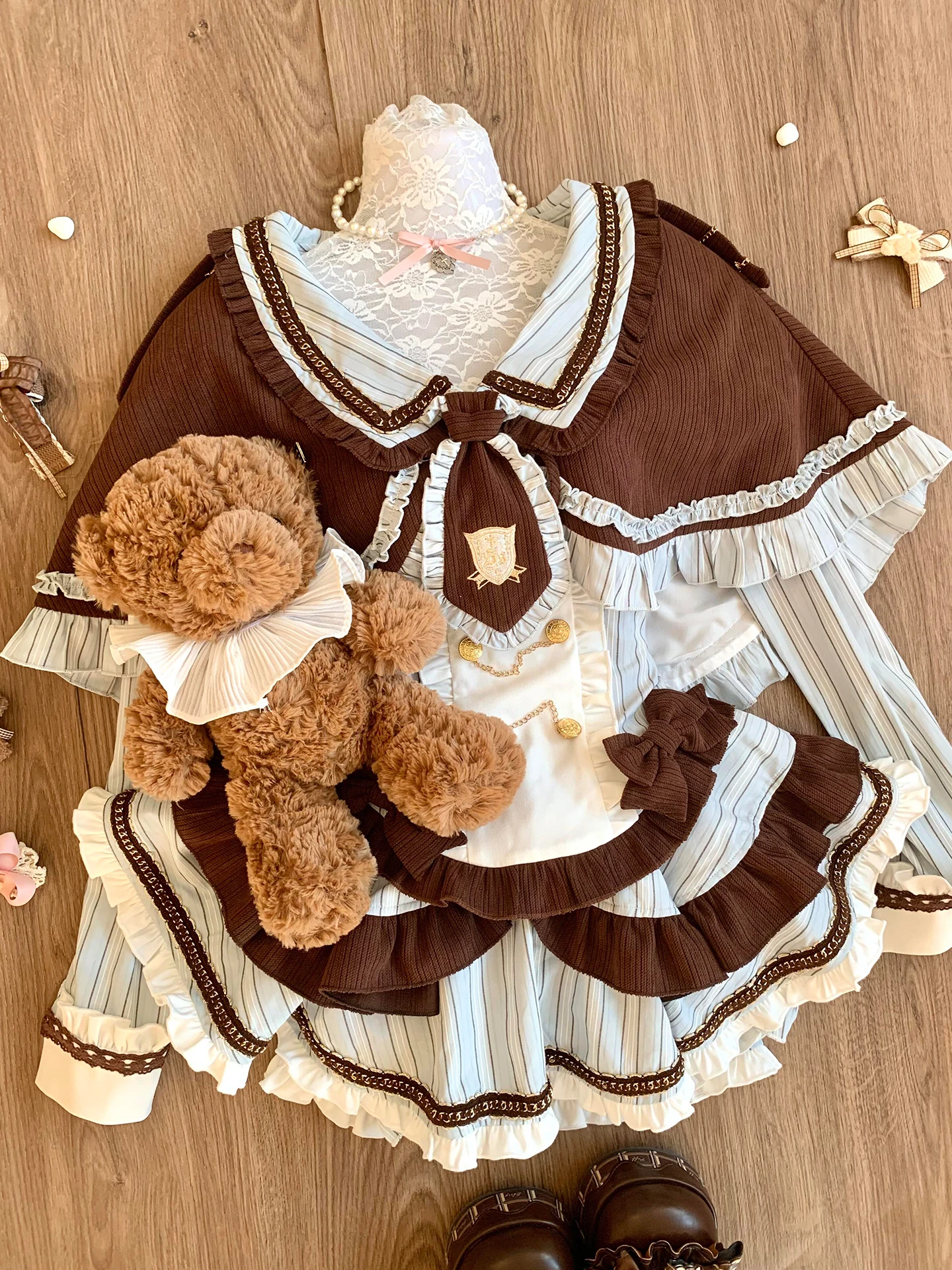 Cute Sweet Girly Chocolate Color Shawl Cape Striped Long Sleeve Shirt Puff Skirt Academy Style Three-Piece Sets Womens Outfits