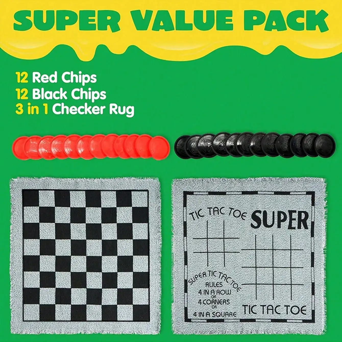 3-in-1 Vintage Game Set - Giant Checkers, Tic Tac Toe & Reversible Mat | 24 Premium Chips | Family Games for Christmas Halloween