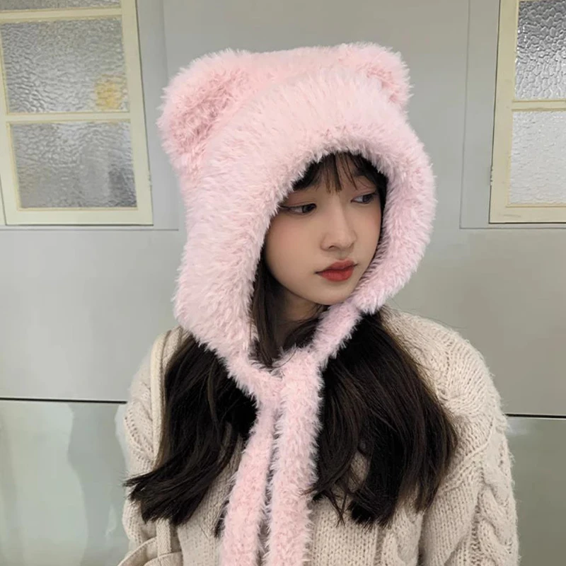 Autumn And Winter New Bear Ear Strap Lei Feng Hat Women's Korean Cute Warm Ear Protection Knitted Wool Hat - view 4