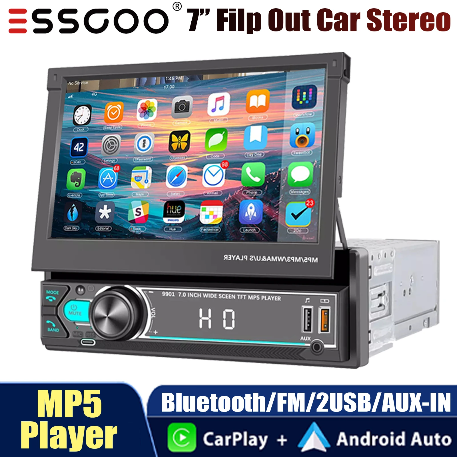 

ESSGOO 7" Flip Out Car Stereo Radio Single 1 Din Touch Screen Android Auto & Apple CarPlay 2USB/Bluetooth/AUX-IN/SWC MP5 Player