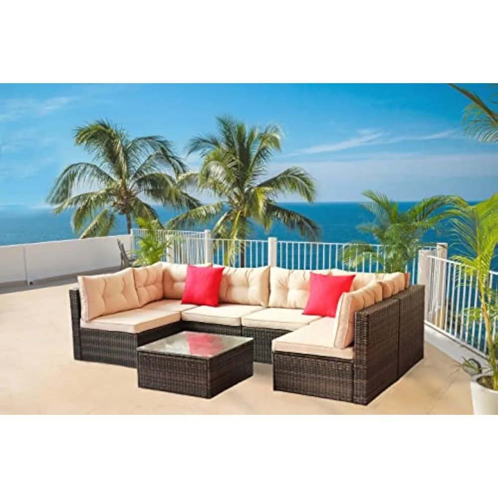 

Patio Furniture Set PE Rattan Sectional Garden Furniture Corner Sofa Set (7 Pieces, Shallow brownCushion)