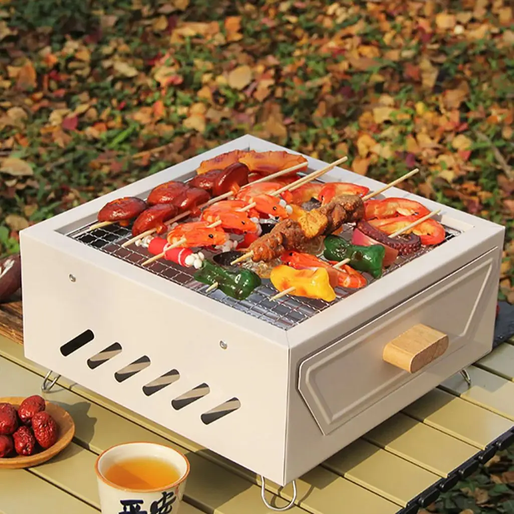 

Угольный гриль для барбекю с антипригарным покрытием, квадратный гриль для барбекю, портативный бытовой гриль для барбекю, уличная посуда для кемпинга