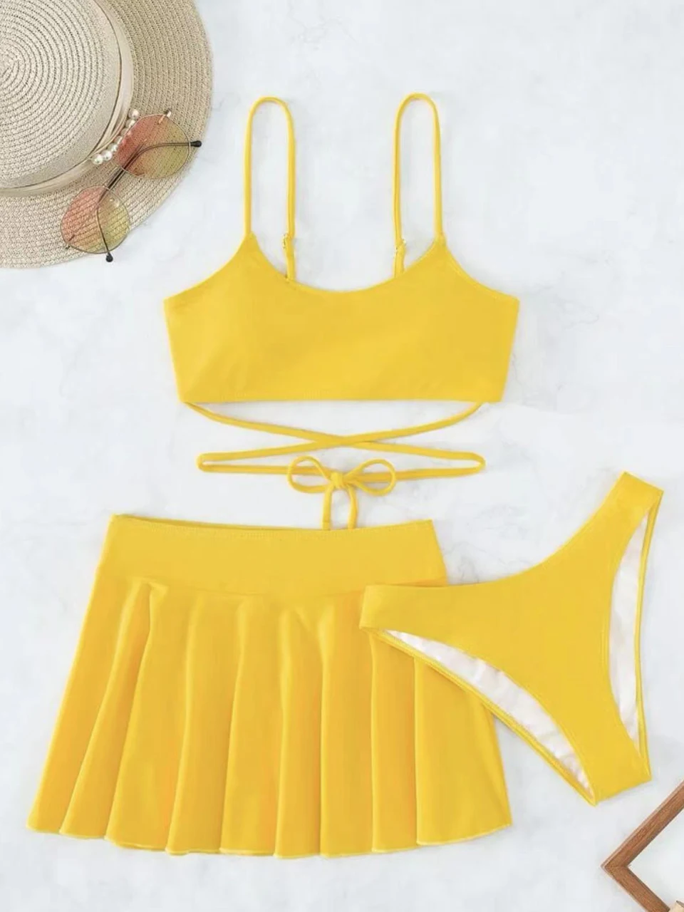 

3 Pieces Crisscross Tie Back Bikini & Short Skirt Swimsuit 2024 Women Solid Swimwear Beach Wear Female Bathing Suit Swim Summer