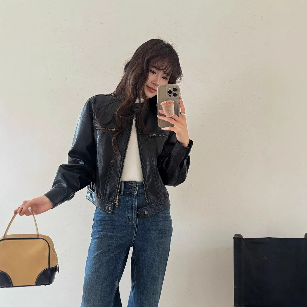 

2025 Early Autumn Round Neck Loose Black Brown PU Leather Jacket Jacket American Leather Jacket Motorcycle Suit