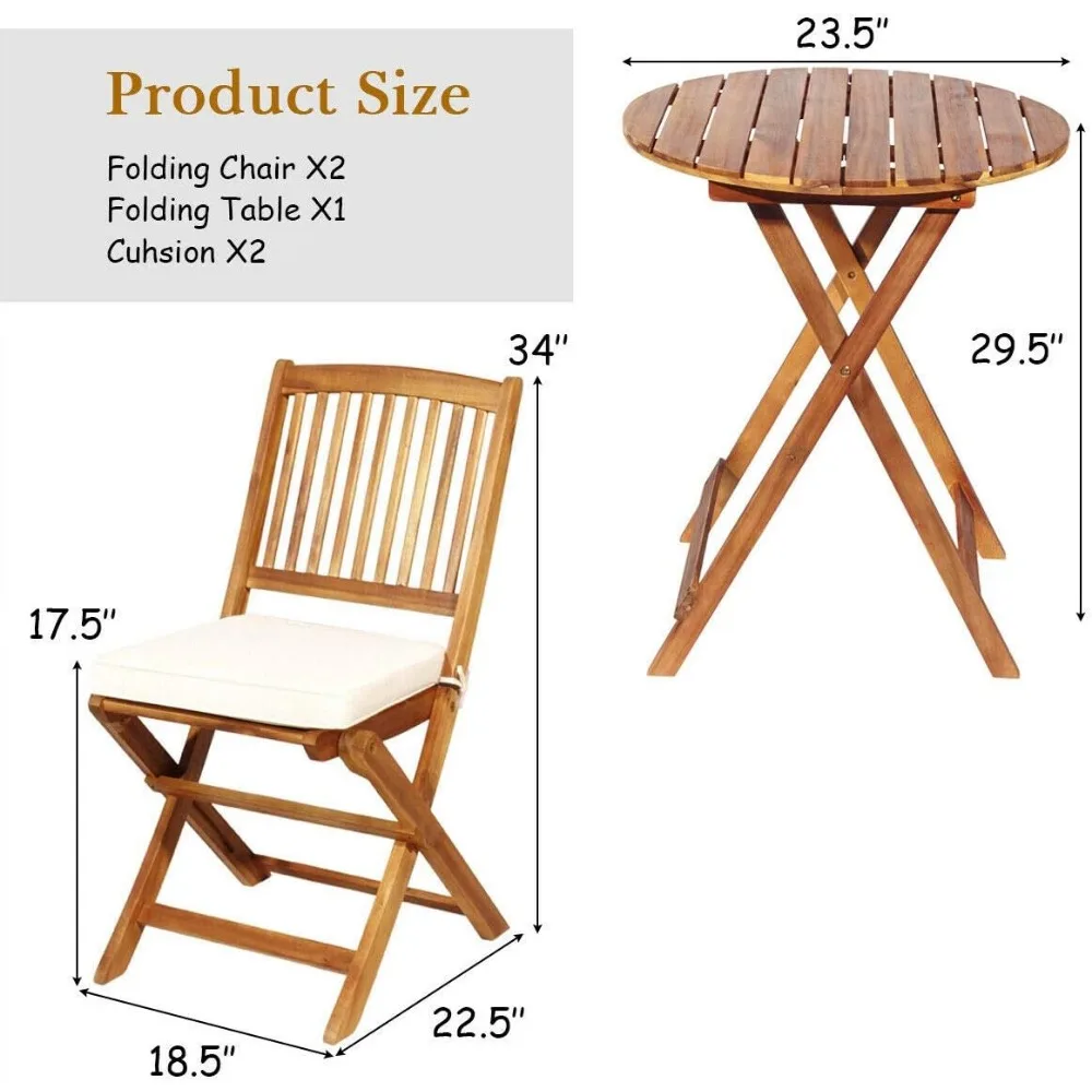 Складной набор для бистро из 3 предметов для патио, уличный стул и стол из дерева акации с мягкой подушкой и круглым журнальным столиком, идеально подходит для использования в помещении