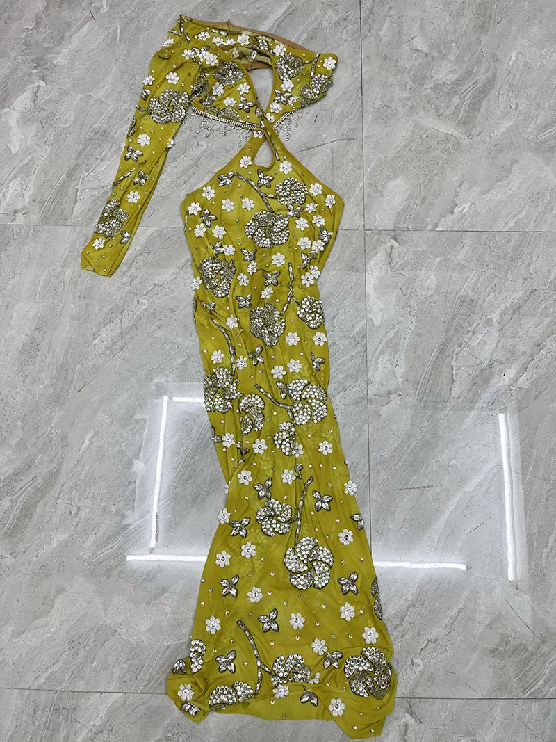Summer Shoulder Long Sleeves Sexy Temperament Evening Dress Waist Design Sense Singer Performance Clothes Star Red Carpet 스팽글드레스