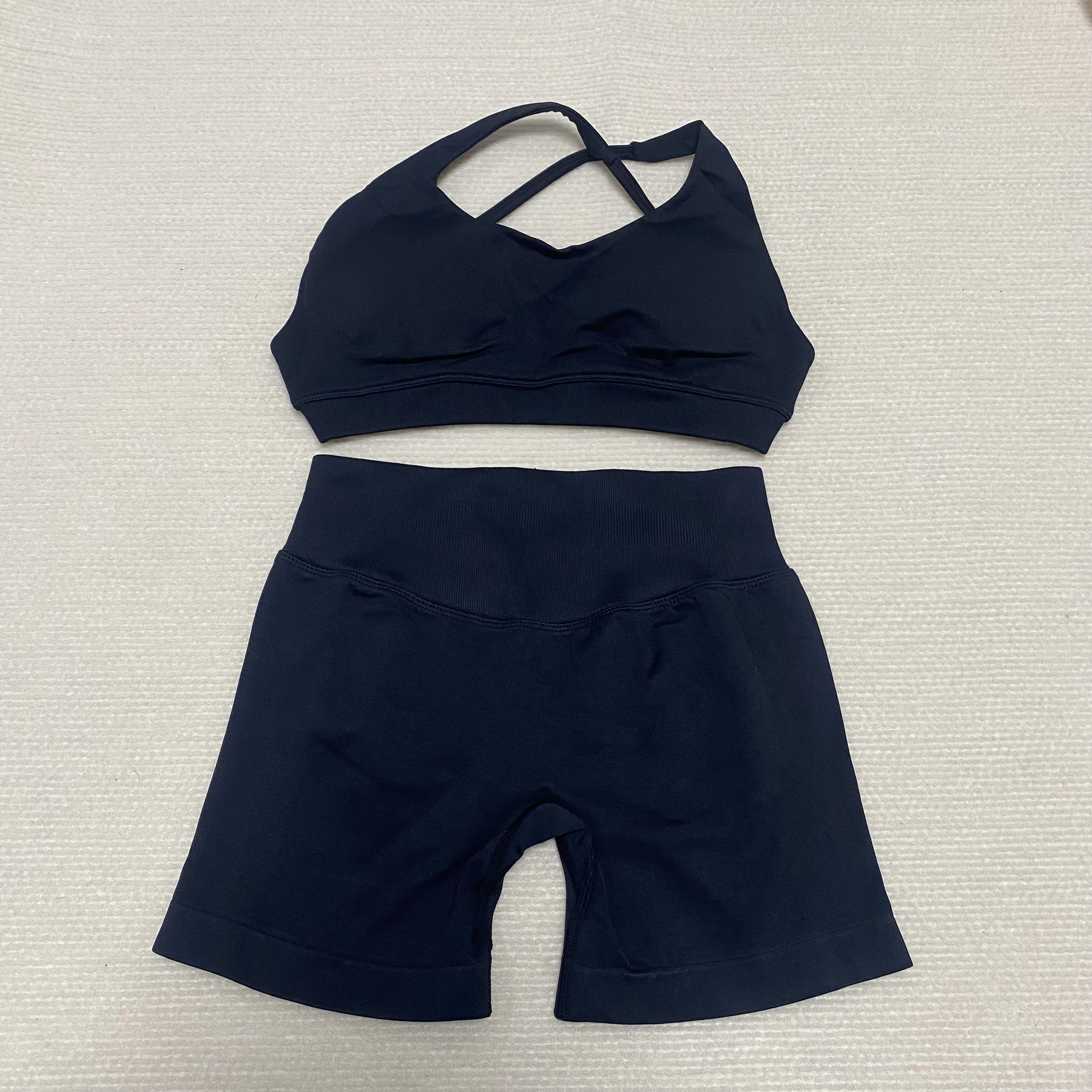 

Impact Womens 2 Piece Seamless Yoga Set Off Shoulder Sports Bra and High Waist Scrunch Shorts for Gym Workout Fitness Training