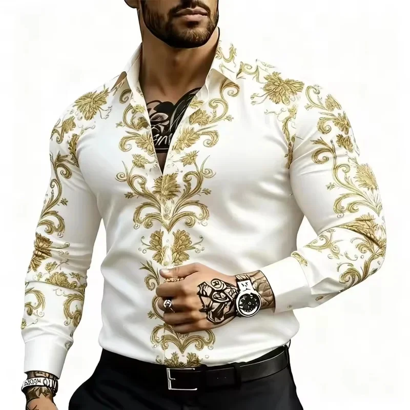 Baroque Print Men's Shirt Light Luxury lightweight Slim-Fit Long-Sleeved Formal Shirt Suitable for Parties Banquets and Business