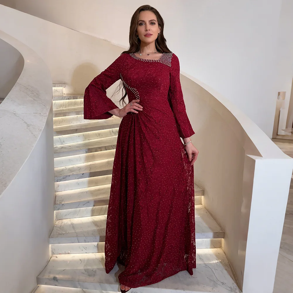 

Fashion Muslim Dress Women Abaya Diamond Lace Party Dresses Eid Moroccan Kaftan Ensemble Femme Musulmane Islamic Vestidos Largos