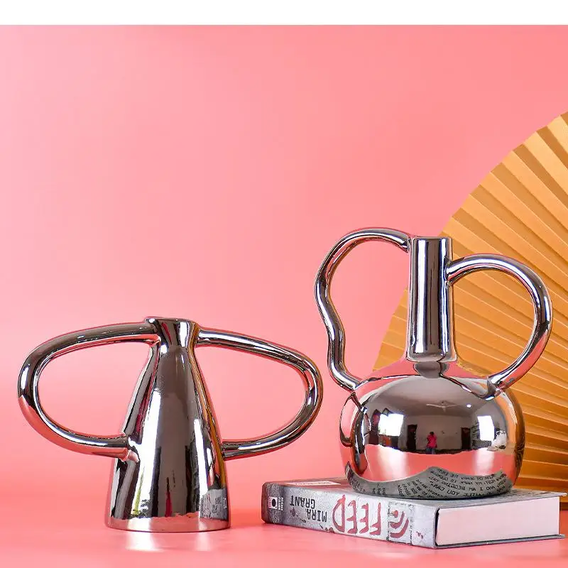 

Серебряная керамическая ваза с двойной ручкой, абстрактные поделки, Цветочная композиция