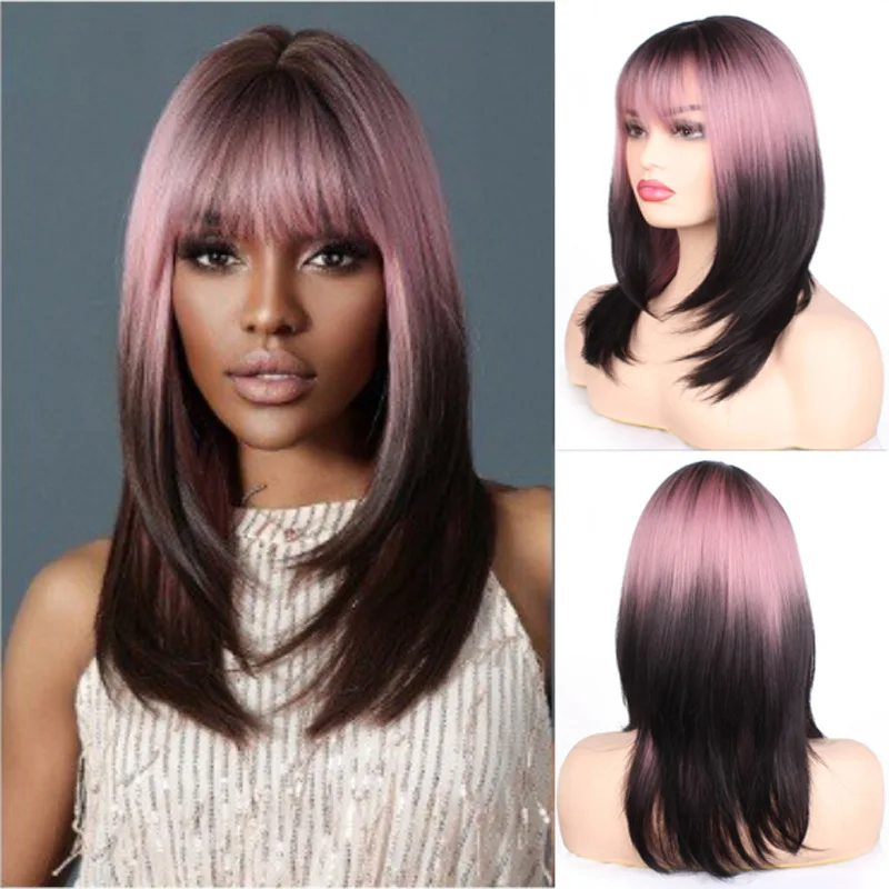 

Full Head Cover Cosplay Punk Style Pink Gradual Change Dark Brown Qi Bangs Long Straight Curly Hair European and American Wig