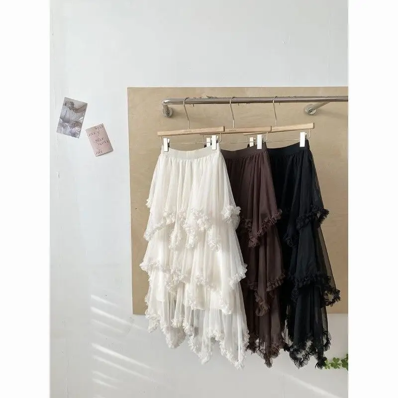 

High Waist Layered Design Cake Skirt Women's Mesh Half Skirt Puffy Skirt Midi Length Asymmetrical Layered Half Skirt