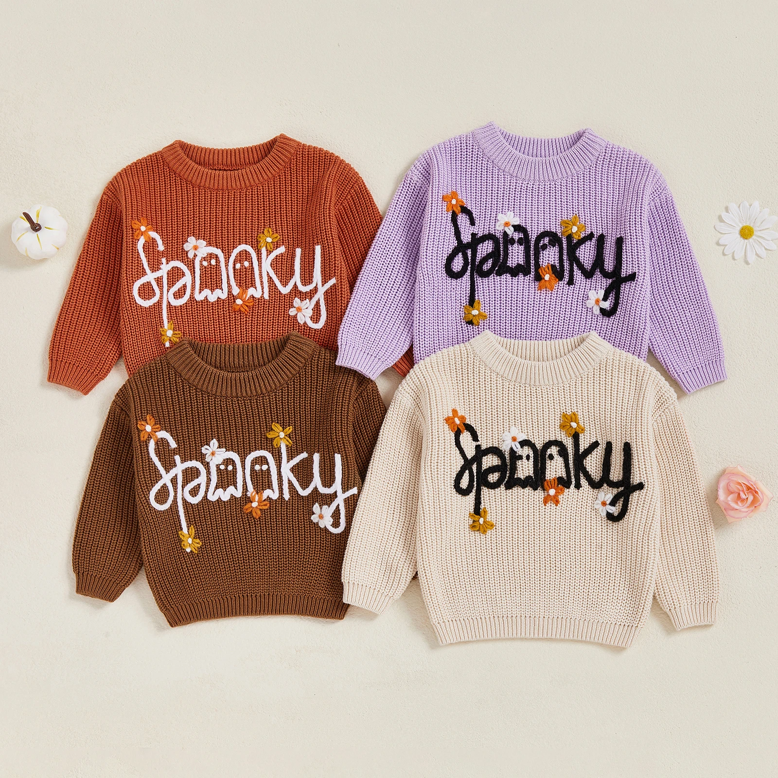 

Halloween Baby Girl Sweater Long Sleeve Crew Neck Letters Ghost Flower Winter Warm Knit Pullover Sweater Fall Clothes