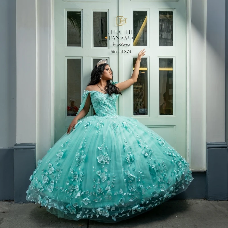 

Customized Mint Green Off Shoulder Quinceanera Dress crystal applique Lace Tull 3D flower vestidos de 15 Quinceanera ﻿
