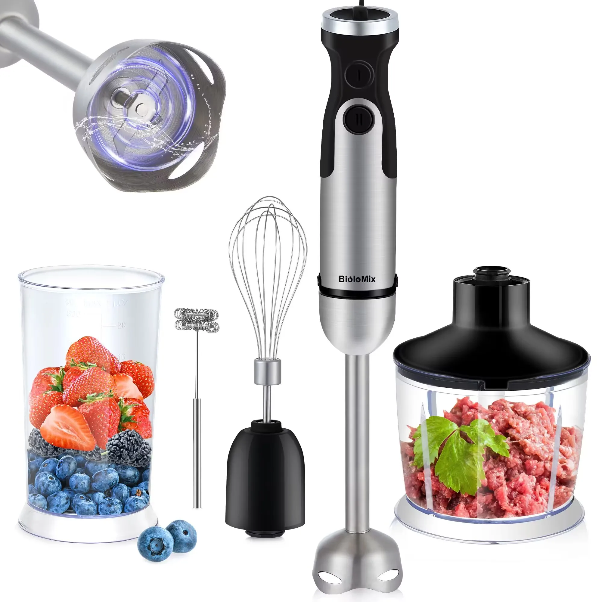 BioloMix 1200W 5-in-1 Immersion Hand Stick Blender Mixer Vegetable Meat Grinder 800ml Chopper Whisk 600ml Smoothie Cup